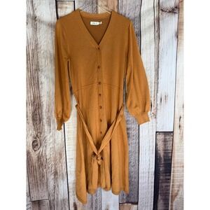Eliza J Sweater Knit Midi Dress Tie Waist Button Front Camel Fall Size Large NWT